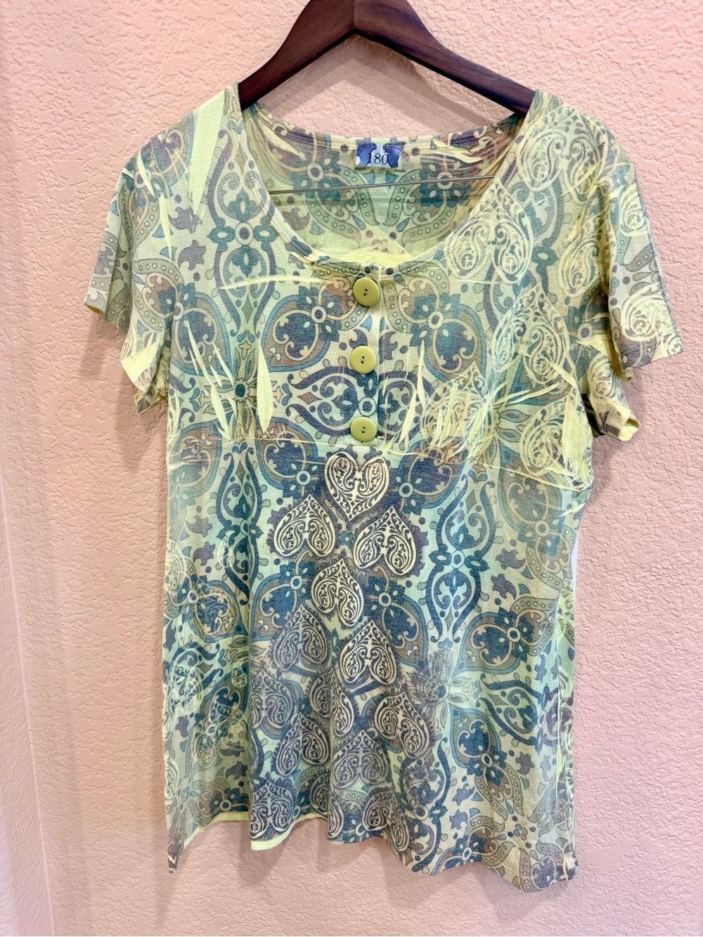 Y2K Light Green Patterned Short Sleeve Top with Front Buttons